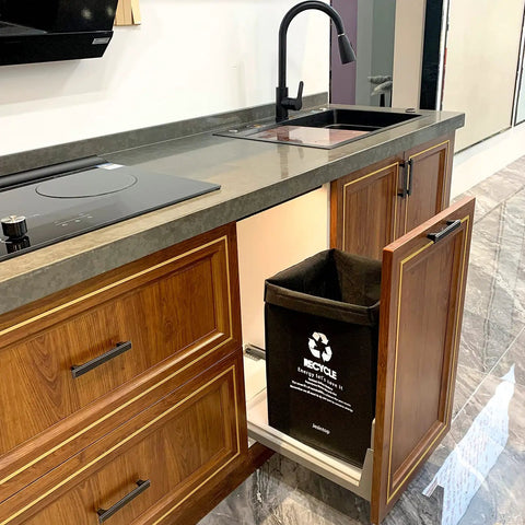 Installed Ultra Large Kitchen Recycle Bins With 29 Gallon Capacity, 4 Pack Trash Sorting Bins And Bags under a wooden kitchen counter.