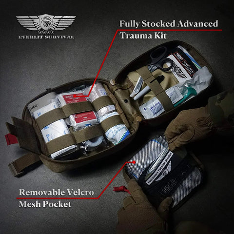 Everlit Survival trauma kit, front view in OD green with opened pouch showing bandages, CAT GEN-7 tourniquet, 36-inch splint
