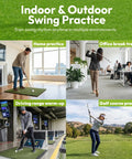 Retractable Click Stick Golf Swing Trainer used in various environments like home, office, driving range, and golf course.