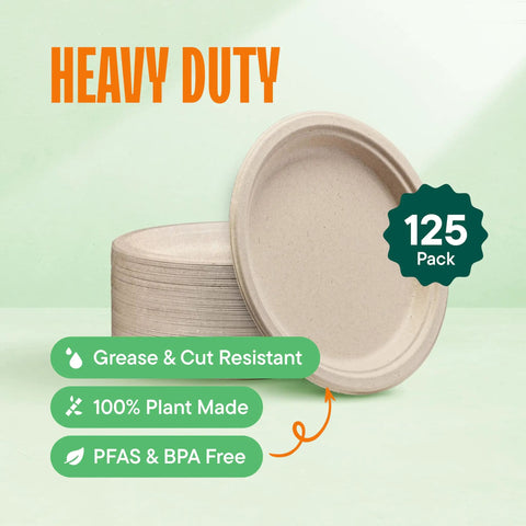 Heavy Duty 9 Inch Compostable Paper Plates 125 Pack Made From Sugarcane Bagasse Biodegradable Unbleached Brown Dinner Plates