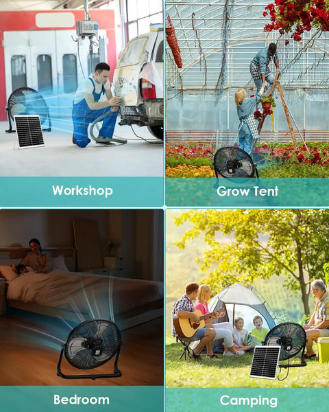 20 Inch Large Solar Powered Floor Fan Portable Battery Operated Cordless Wireless Camping Fan Outdoor Waterproof High Airflow 50W Rechargeable Solar Battery Bank For Outside Home Garage Gym Patio Travel in various settings including workshop, grow tent, bedroom, and camping site.