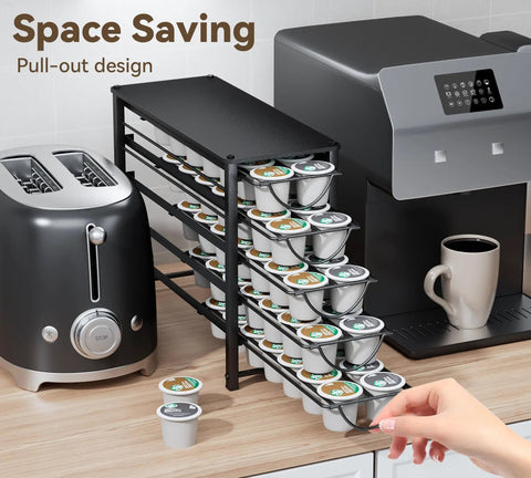 5 Tier Metal Coffee Pod Organizer Drawer Holds 70 K Cups, Countertop Storage next to toaster and coffee machine