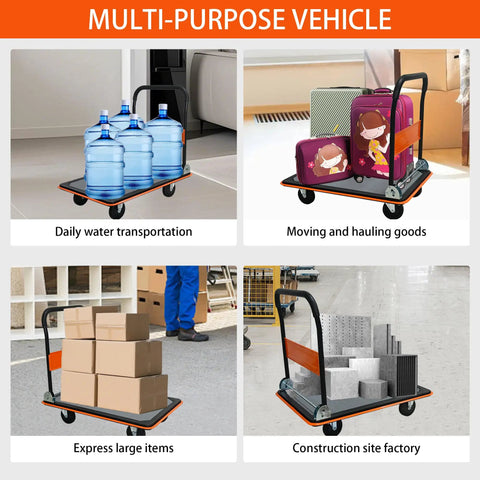 Heavy Duty Flatbed Cart And Hand Truck With 660 Lb Capacity Folding Design For Easy Storage, transporting water and luggage, multiple uses.