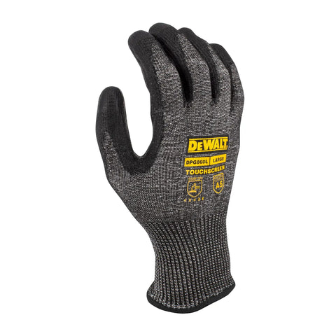 Cut Level A5 Touchscreen Glove, PU Palm, 13 Gauge Nylon HPPE Fiberglass Shell, Oil Resistant, Size XS, Black and Yellow Design