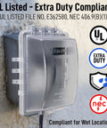 Weatherproof 1 Gang Exterior In Use Outlet Cover And Box Kit With Lockable Extra Duty Metallic Box installed on outdoor wall