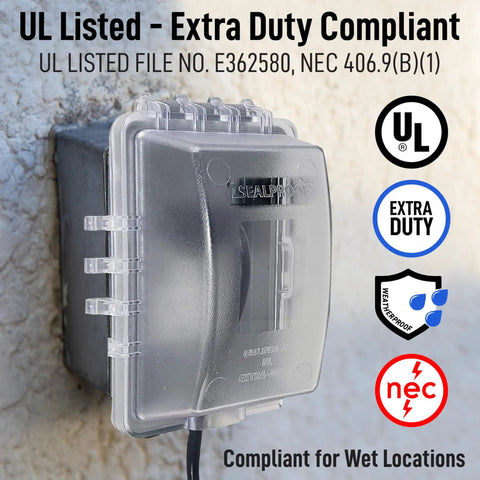 Weatherproof 1 Gang Exterior In Use Outlet Cover And Box Kit With Lockable Extra Duty Metallic Box installed on outdoor wall
