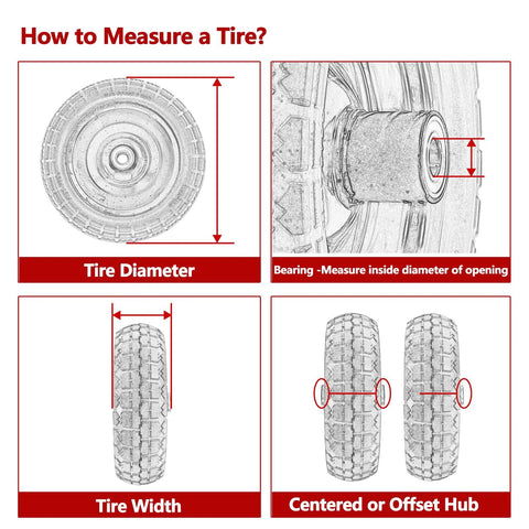 How to measure 10 Inch Solid Rubber Wheel Replacement dimensions, including diameter and offset hub details for hand trucks and carts.