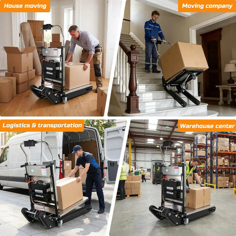 Heavy Duty 1200w Electric Stair Climbing Hand Truck With Upgraded Rubber Tracks And Height Adjustable Tray in action during house moving.