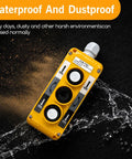 Sturdy Waterproof Industrial Crane Pushbutton Switch Control Box With Three Button Operation For Electric Hoist Lift And Automation Robots Durable Metal Housing showing water splashing against a rugged yellow steel casing.