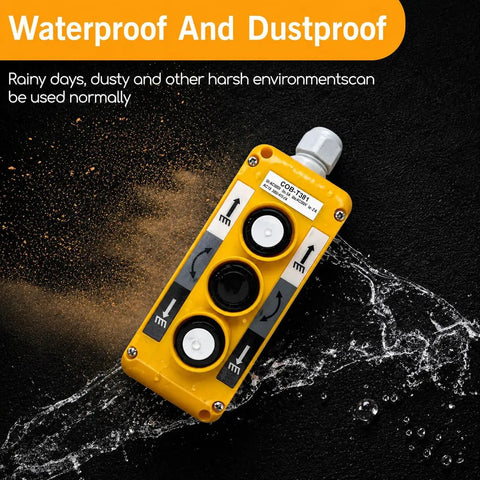 Sturdy Waterproof Industrial Crane Pushbutton Switch Control Box With Three Button Operation For Electric Hoist Lift And Automation Robots Durable Metal Housing showing water splashing against a rugged yellow steel casing.