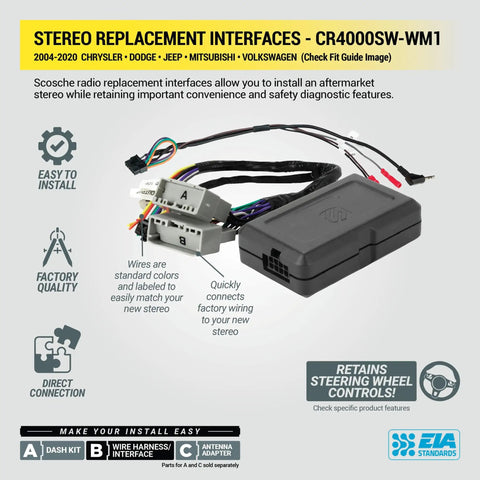 CR4000SW WM1 Plug And Play Factory Stereo Replacement Interface Adapter Kit with wiring harness and connectors for 2004-2020 Chrysler, Dodge, Jeep