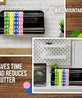 Rock Solid Acrylic Label Dispenser With Grippy Non Slip Base Keeps Your Sticker Rolls Tied Down Tight, wall mountable, holding colorful sticker rolls.