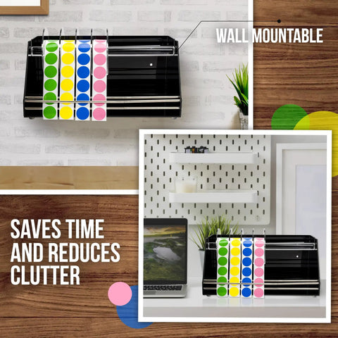 Rock Solid Acrylic Label Dispenser With Grippy Non Slip Base Keeps Your Sticker Rolls Tied Down Tight, wall mountable, holding colorful sticker rolls.