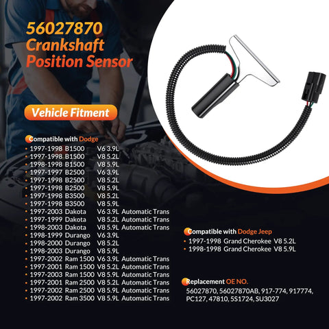 Crankshaft Position Sensor For Dodge And Jeep Drop In Replacement Fits Dodge B1500 B2500 B3500 Dakota 3.9L V6 5.2L V8 5.9L V8 Engines 1997 To 2003 Model Years, black wired sensor with connector