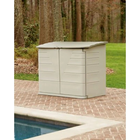 Huge Horizontal Resin Outdoor Storage Shed With Floor 5 By 4 Feet Weather Resistant Beige Brown by the poolside.
