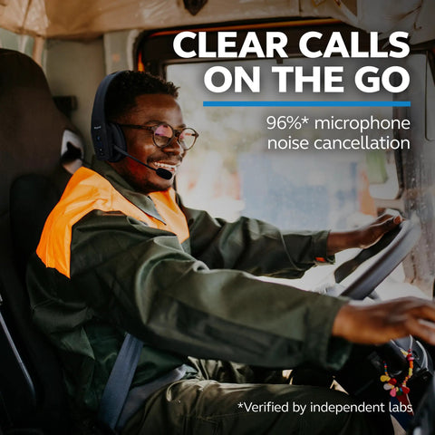 Driver wearing Mono Bluetooth Trucker Headset With Mic 96 Percent Noise Canceling All Day Comfort Padded Headband in vehicle