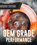 Front brake rotor and caliper assembly; orange rotor with rusted hub