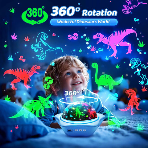 Child enjoying Star Projector Night Light For Kids With 6 Films And 78 Lighting Modes Rechargeable Ceiling Projector 360 Degree Rotation For Dope Bedroom Decor And A Kid Friendly Sensory Toy Gift For Autism projecting dinosaurs.