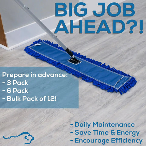 36 Inch Microfiber Dust Mop Head Replacement Bulk Pack Of 12 Large Washable Commercial Mop Heads For Heavy Duty Floor Cleaning Janitorial Supplies Blue on floor with text.