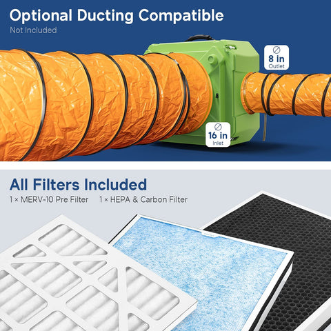Stackable 3 Stage Filtration Negative Air Machine showing ducting options and included MERV 10, HEPA, and carbon filters