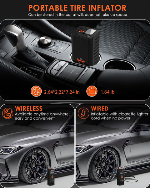 Portable Tire Inflator Air Compressor With Frosted Digital Gauge for car interiors and wireless, wired use options