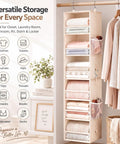 Beige snap together six tier hanging closet organizer, fabric shelves with clothes, suitable for dorms, space-saving storage.