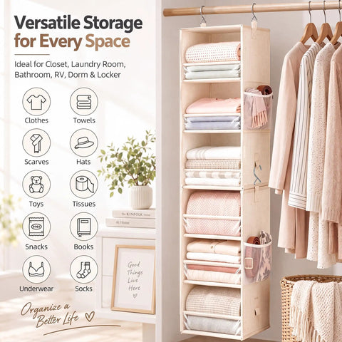 Beige snap together six tier hanging closet organizer, fabric shelves with clothes, suitable for dorms, space-saving storage.