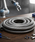 Kickass Stainless Steel Flexible Metal Conduit For Wire Protection 1 Inch X 9.8 Feet coiled on a workbench with tools in background.