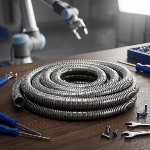 Kickass Stainless Steel Flexible Metal Conduit For Wire Protection 1 Inch X 9.8 Feet coiled on a workbench with tools in background.