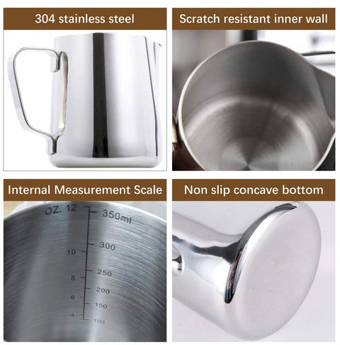 Go-To Milk Frothing Pitcher Jug For Espresso And Latte Art Foam Making, Pro Grade 304 Stainless Steel, interior details shown