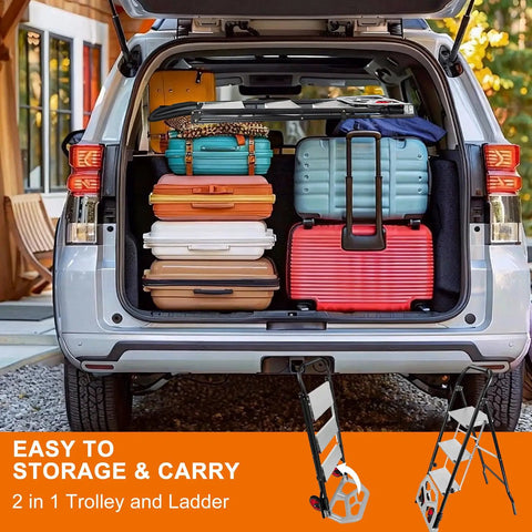 2 In 1 Hand Truck And Step Ladder Foldable Dolly Cart Heavy Duty For Moving Up To 330 Lb Reach High Shelves And Tight Spaces At Home Shop Or Job Site Smooth Rolling Wheels And Solid Stand For Everyday Use, foldable steel frame in SUV cargo area
