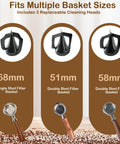 Automatic Electric Espresso Portafilter Cleaner With Triple Scrapers And Rotary Brush For Quick Puck Dumping Dead Simple Cleanup Top Shelf Knock Box Replacement For Home Bars And Busy Cafes showing cleaning heads for 51mm and 58mm baskets.
