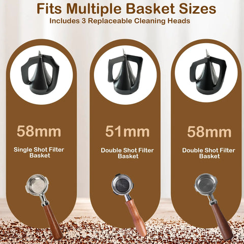 Automatic Electric Espresso Portafilter Cleaner With Triple Scrapers And Rotary Brush For Quick Puck Dumping Dead Simple Cleanup Top Shelf Knock Box Replacement For Home Bars And Busy Cafes showing cleaning heads for 51mm and 58mm baskets.