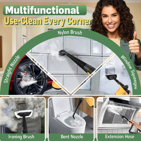 Super Powerful 1050W Handheld Steam Cleaner With 11 Pieces Accessories For Deep Cleaning Home Car Tile Grout And Furniture, showing various attachments.