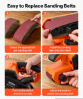 Workhorse Grade 3 By 21 Belt Sander With 7 Amp Motor And Six Variable Speeds showing steps for replacing sanding belts.