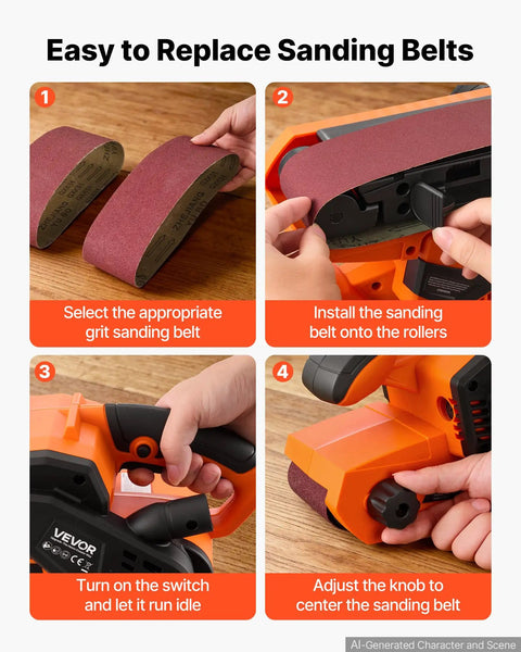 Workhorse Grade 3 By 21 Belt Sander With 7 Amp Motor And Six Variable Speeds showing steps for replacing sanding belts.