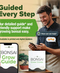 Man using phone with Six Heirloom Bonsai Varieties Kit With Unique Pots DIY Indoor Bonsai Starter Set for Adults and Beginners guide