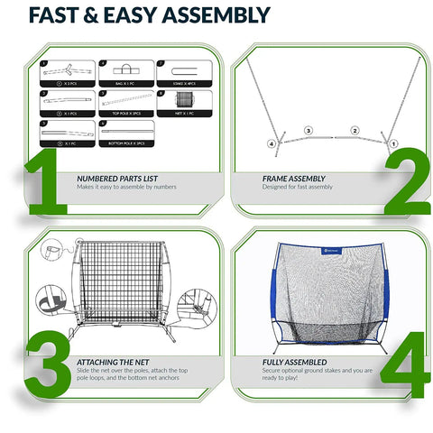 Steps for assembling 7x7 Foot Golf Practice Net For Indoor Garage Or Outdoor Backyard Driving Heavy Duty Mesh Netting, no tools needed.