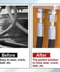 Two M14 to M14 carbon steel hydraulic hose adapters on metal hoses; installed hex fittings