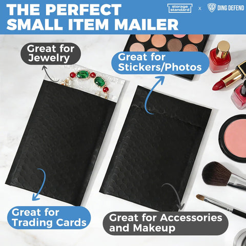 Image showing two black Self Sealing Waterproof Bubble Mailers 4x8 Inch with 4x7 usable space for jewelry and makeup.