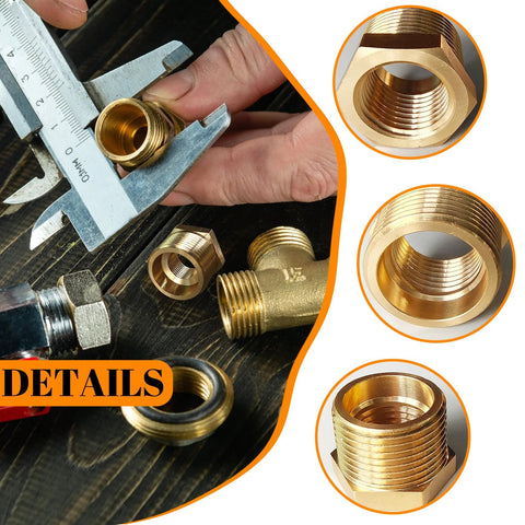 Two brass NPT reducer adapters, 3/4 in male to 1/2 in female, hex fittings