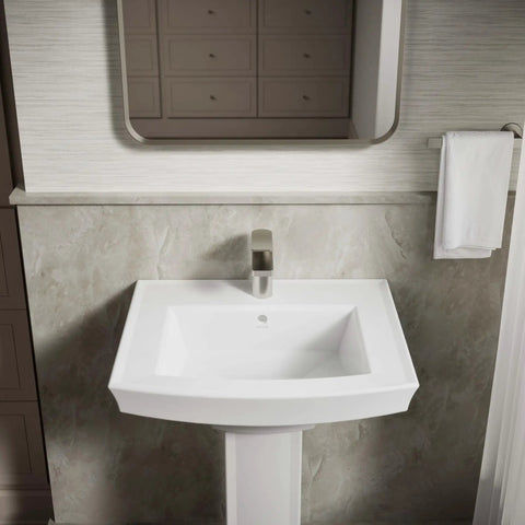 Archer Pedestal Bathroom Sink Basin With One Hole Faucet Drilling Sleek Vitreous China White 24 Inches Long By 20.5 Inches Wide