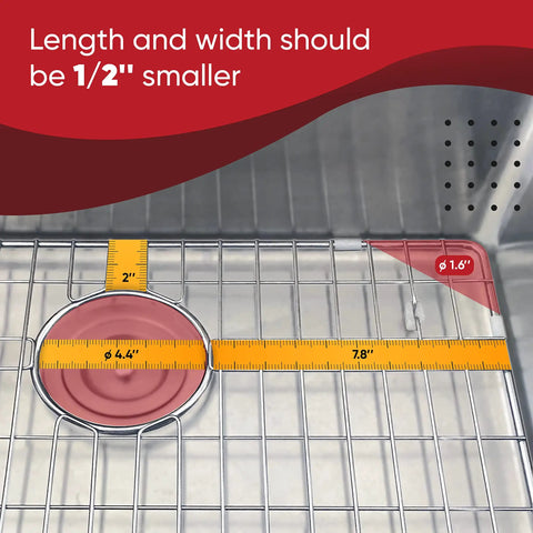 Stainless Steel Kitchen Sink Grid Protector 28x14 Inch Bottom Rack With Vinyl Feet For Scratch Prevention And Right Rear Drain, Heavy Duty Sink Protector To Cushion Dishes And Safeguard Your Sink with measurement guide overlay.