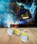 Solid Double Head Magnetic Welding Clamps With Heavy Duty Adsorption And Grounding That Grip Tight For Professional Jobs, No More Slippage When You Need Them Most To Clamp Up To 3 Kg Securely Every Single Time with sparks in background.