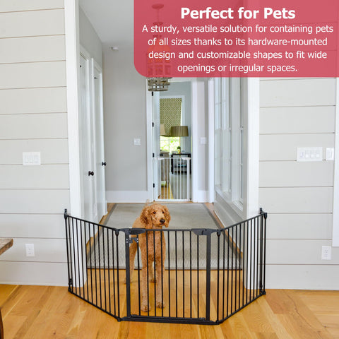 Expandable Extra Wide Baby Gate For Kids And Pets Fits 30 To 90 Inches In Black shown in hallway with dog behind gate
