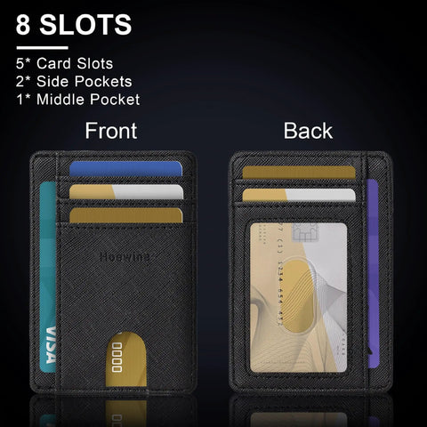 Ultra Slim Front Pocket Leather Wallet For Men And Women With RFID Blocking Tech Minimalist Card Holder in Cross Black