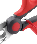 Close-up of Heavy Duty 6 Inch Electrician Scissors With Micro Serrated Edge for cutting, showcasing steel blade and ergonomic grip.