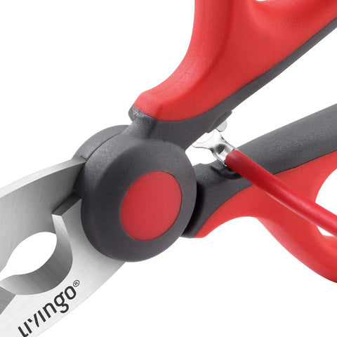 Close-up of Heavy Duty 6 Inch Electrician Scissors With Micro Serrated Edge for cutting, showcasing steel blade and ergonomic grip.