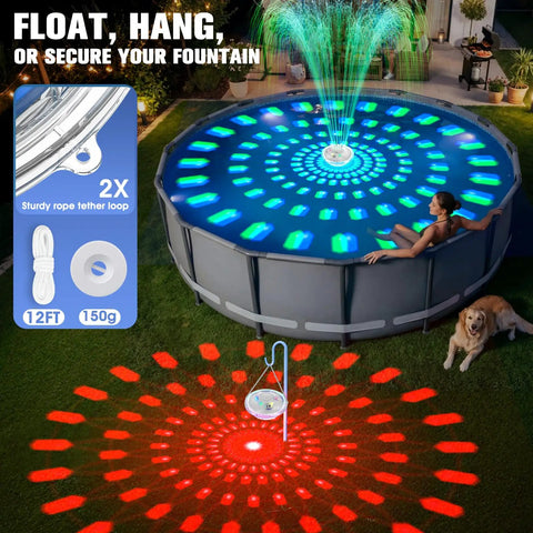 Cool 8000mAh Rechargeable Pool Fountain With Lights For Above Ground Pools Floating Water Pump With Anchor in action at night