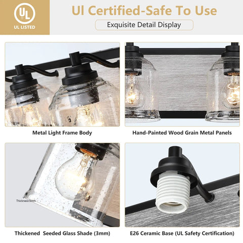 Two-Light Farmhouse Vanity Lights For Bathroom, 15.8 Inch Gray Textured Metal Backplate, Bubble Glass Shades Over Mirror details